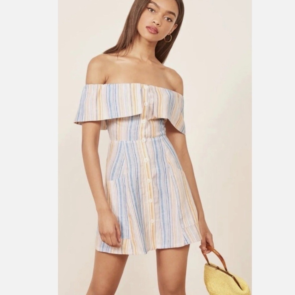 NWT‎ Reformation Landy Marbella Off The Shoulder Striped 100% Linen Mini Dress 0